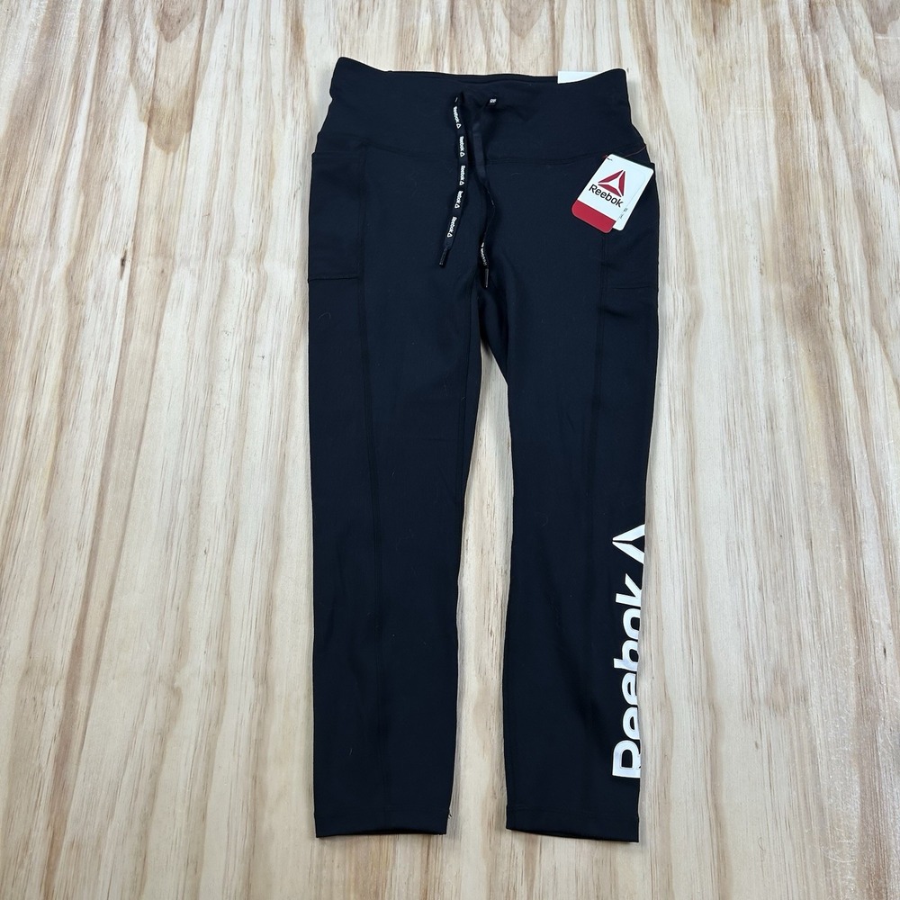 Reebok Women's NEW Skinny Capri Leggings Black Small Drawstring Crop
